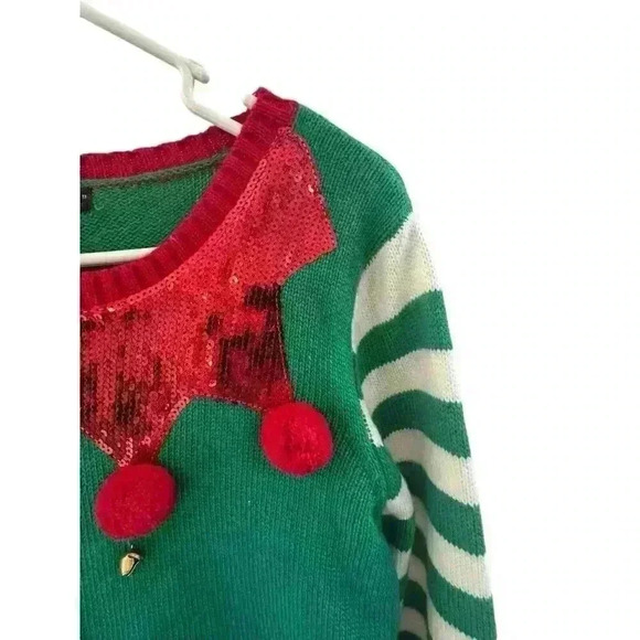 United States Women's‎ Holiday Elf Christmas Ugly Bells PomPoms Sweater Size XL - Picture 6 of 12